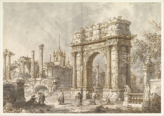Capriccio with a Roman Triumphal Arch 1720-1730-Canaletto ,16x12"(A3) Poster