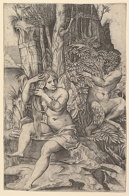 Pan spying of  the nymph Syrinx who is seated on a rock  combi,16x12"(A3) Poster