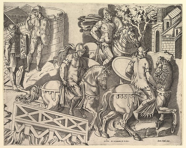 Speculum Romanae Magnificentiae: Roman Horsemen Crossing a Bri, Poster Print