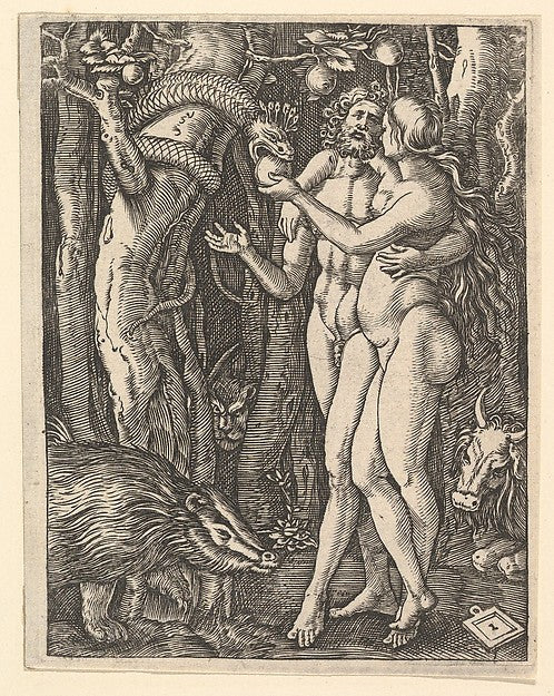 Adam and Eve with apple and serpent c1500–1534-Marcantonio Rai,  Poster Print