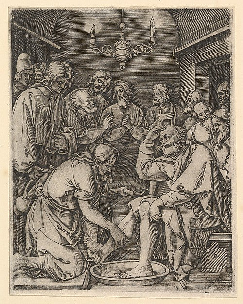 Christ kneeling and washing St Peter's feet  after Dürer c1500,  Poster Print
