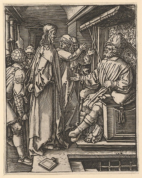 Christ standing  hands tied behind back  before Herod seated o,  Poster Print