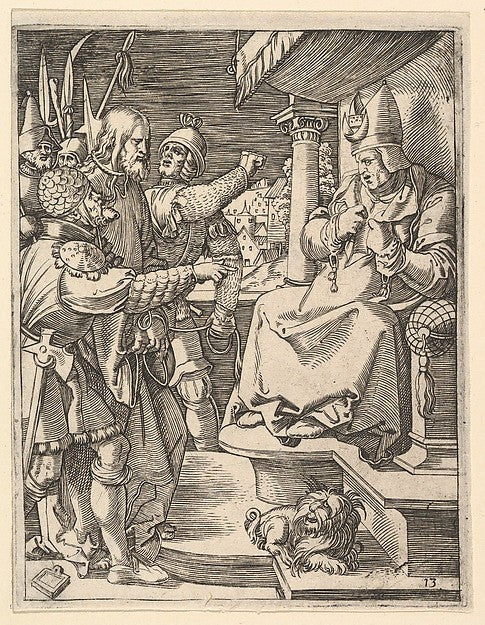 Christ before Caiaphas: soldiers present Christ to seated high,  Poster Print