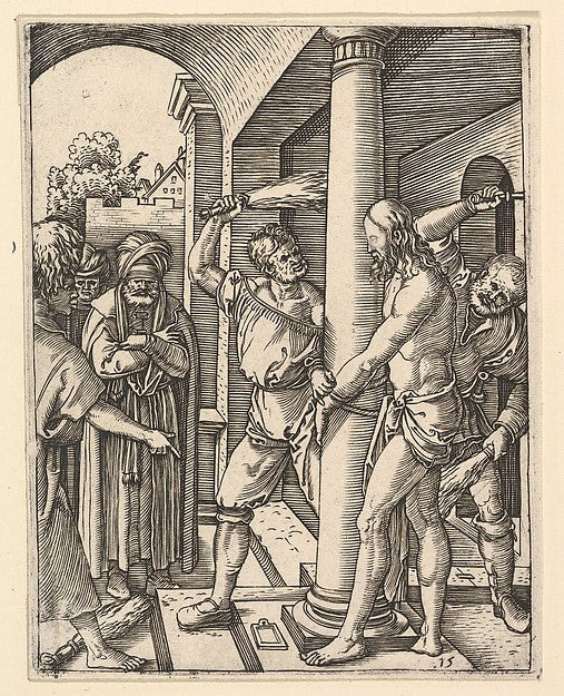 The Flagellation: Pilate stand under archway on left watching,  Poster Print