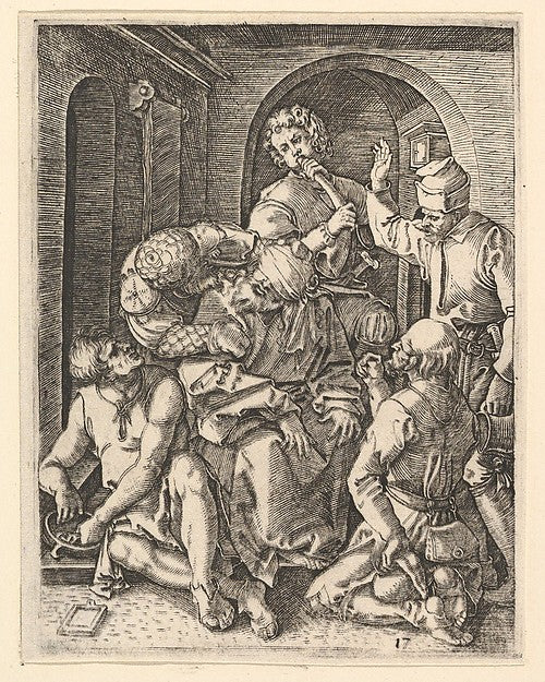 The mocking of Christ who is seated in center  blindfolded  af,  Poster Print