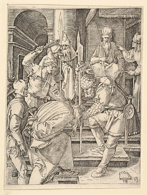 Christ captured and being dragged by hair up steps before the,  Poster Print