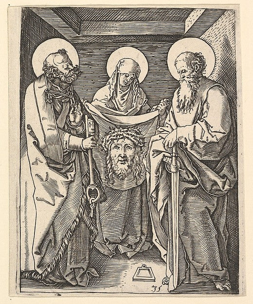 Shroud of Oviedo: Virgin Mary holds open shroud for Saint Pete,  Poster Print