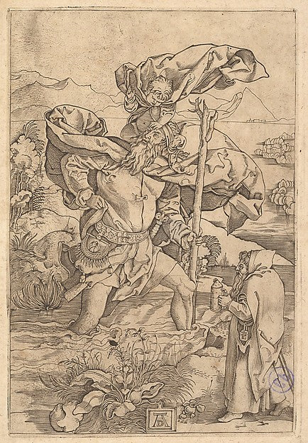 Saint Christopher crossing the river with Christ in the form o,  Poster Print