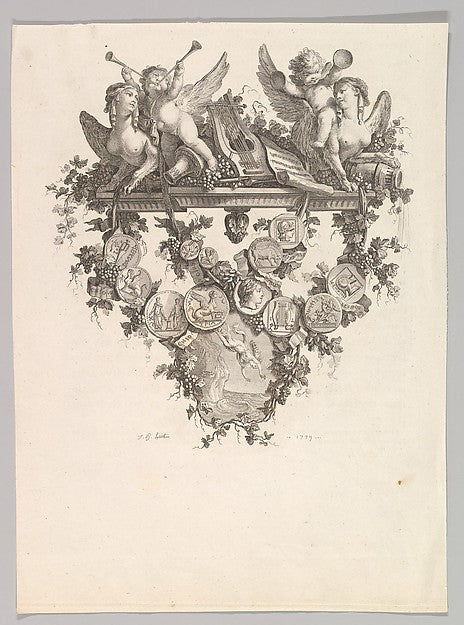 Vignette with Sphinxes and Putti 1779-Jean-Baptiste Huet I ,16x12"(A3)Poster