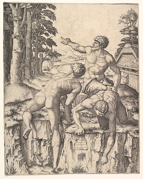 The Climbers: three naked men  one seen from behind climbing o,  Poster Print