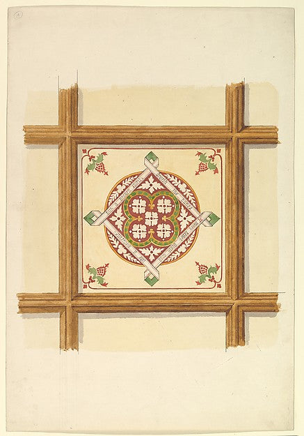 Design for a Coffered and Painted Ceiling in Rust and Olive Gr,  Poster Print Wall Art