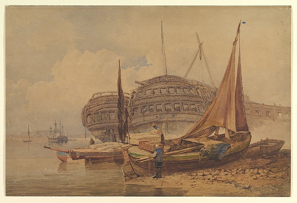 Coastal Scene with Beached Boats in Foreground early–mid 19th,  Poster Print Wall Art