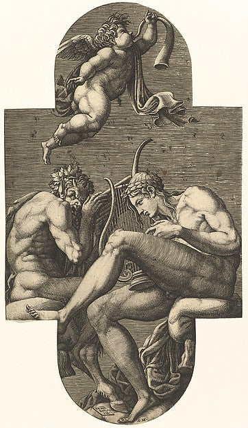 Apollo  Pan  and a putto blowing a horn   from a series of eig,  Poster Print Wall Art