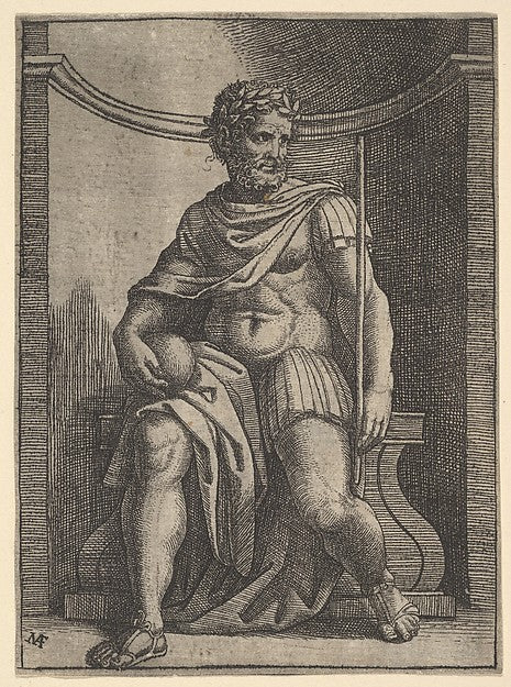 A  Roman emperor sitting in a niche holding a globe and sceptr,16x12"(A3) Poster