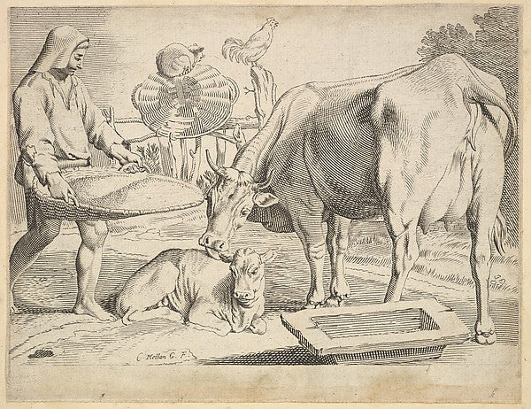 Country Scene with a Peasant  Cow and Calf-Claude Mellan ,16x12"(A3)Poster