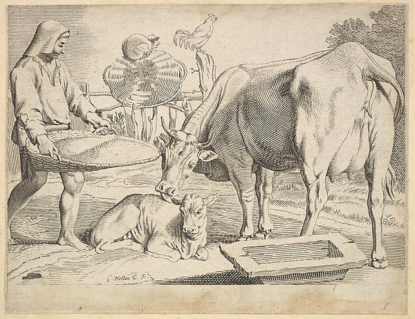 Country Scene with a Peasant  Cow and Calf-Claude Mellan ,16x12