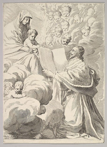 Cardinal Richelieu  Kneeling  Presents His Book to the Virgin ,  Poster Print Wall Art