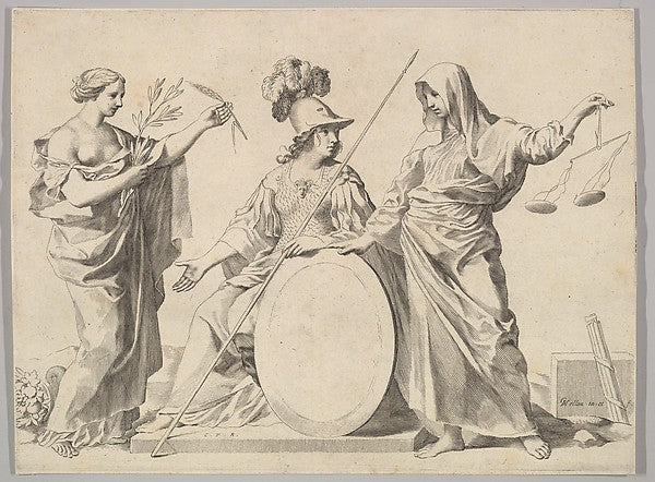 Minerva Flanked by Peace and Justice -Claude Mellan ,  Poster Print Wall Art