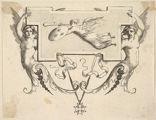 Tail-piece -  Two Winged Women Hold a Cartel Decorated by Fame-C,  Poster Print Wall Art