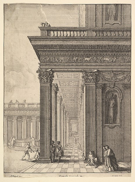 Temple courtyard with figures  after David Teniers the Elder ,  Poster Print Wall Art