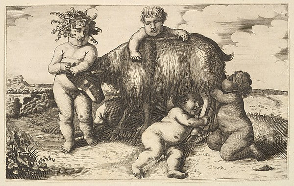 Four boys  a young satyr  and a goat  17th cent-Wenceslaus Hol,  Poster Print Wall Art