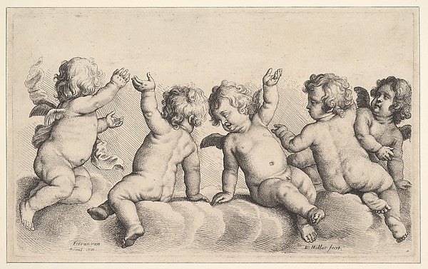 Three Cherubs and Two Boys on Clouds 1620–77-After Pieter van,  Poster Print Wall Art