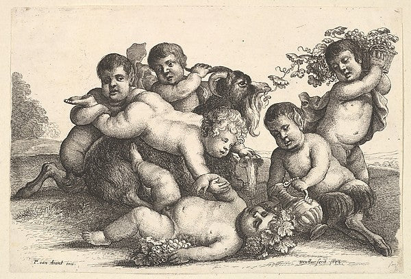 Four boys  two satyrs and a goat 1654-Wenceslaus Hollar,  Poster Print Wall Art