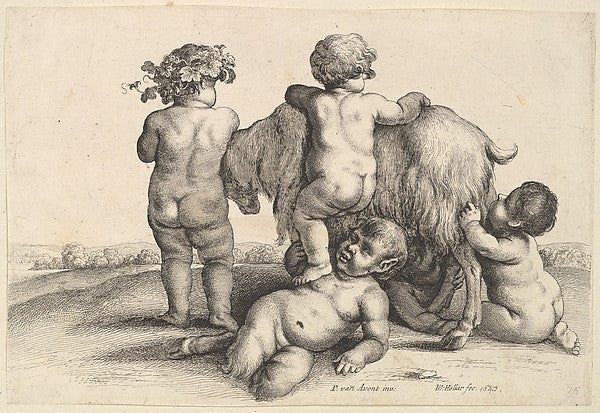Four boys  a young satyr and a goat 1647-Wenceslaus Hollar,  Poster Print Wall Art