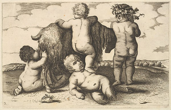 Four boys  a young satyr and a goat  17th cent-Wenceslaus Holl,  Poster Print Wall Art