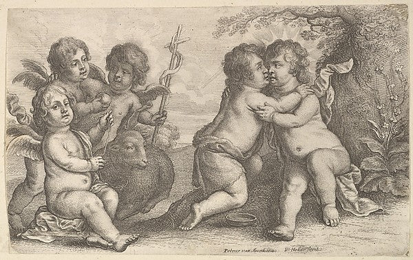Jesus and St. John embracing  with Cherubs 1646-Wenceslaus Hol,  Poster Print Wall Art