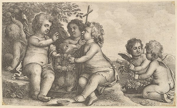 Jesus  St. John the Baptist and four cherubs 1625–77-Wenceslau,  Poster Print Wall Art