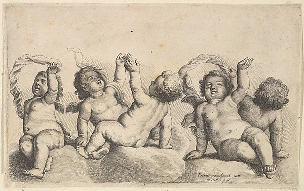 Three cherubs and two boys on clouds  each raising one arm 162,  Poster Print Wall Art