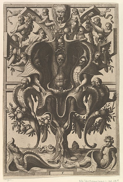 Auricular Cartouche with Figures within a Strapwork Frame from, Poster Print