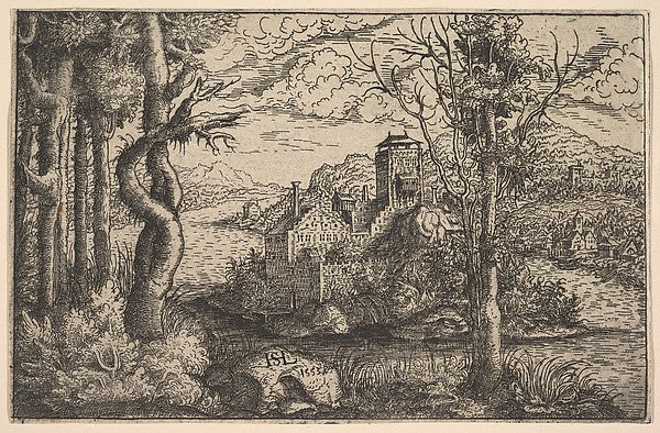 View on a River  with a Castle on an Island 1553-Hanns Lautens,16x12"(A3)Poster