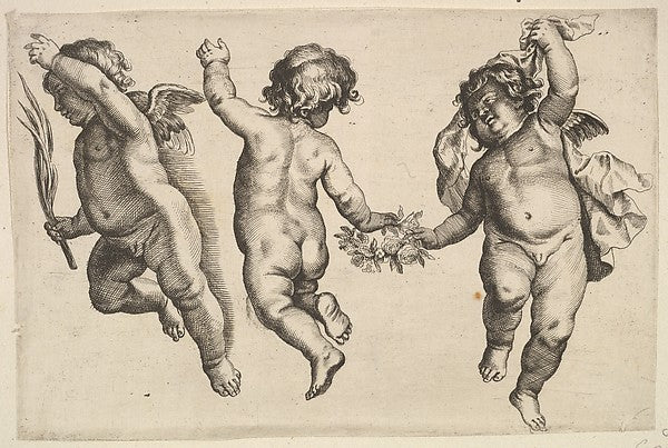 Two cherubs dancing with a small boy  not by Hollar 1625–77-We,  Poster Print Wall Art
