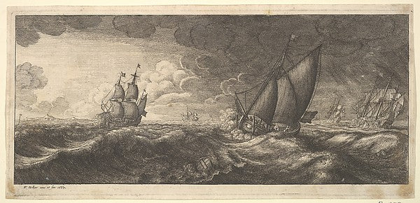 A yacht and three warships in a storm 1665-Wenceslaus Hollar,  Poster Print Wall Art