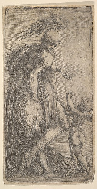Mars standing at the left leaning on a shield  Cupid at the ri,  Poster Print
