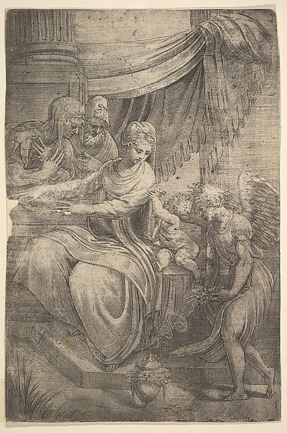 The Holy Family  an angel holding flowers approaching from the,  Poster Print