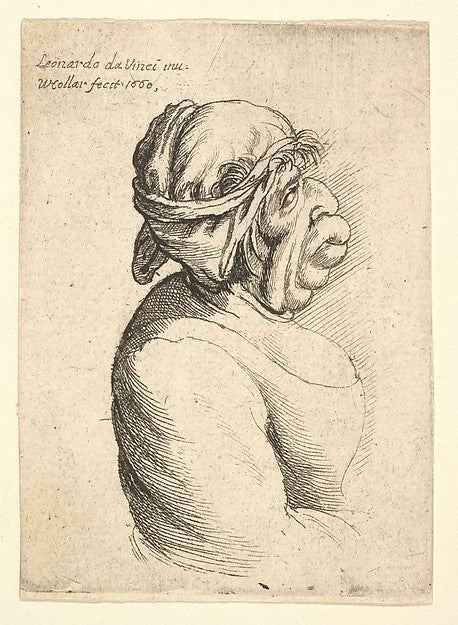 Bust of woman with protruding mouth wearing low-cut dress and,  Poster Print Wall Art