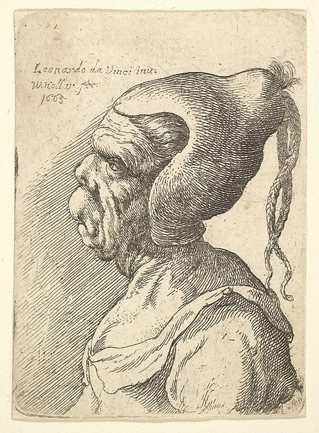 Bust of a deformed woman with conical hat and two dangling pla,  Poster Print Wall Art