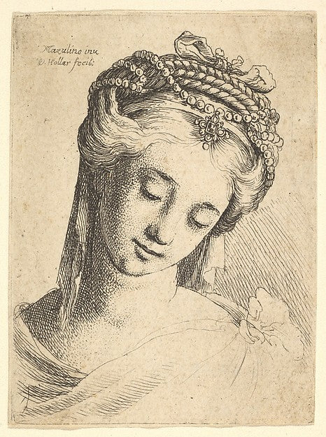 Bust of a young woman with elaborate headdress  looking down.,  Poster Print Wall Art