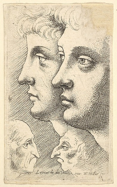 Two youths in profile to left with two grotesque heads facing,  Poster Print Wall Art