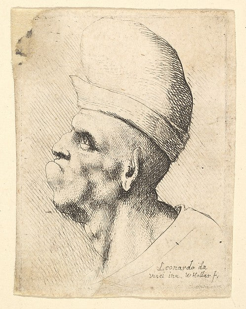 Bust of a deformed man wearing a bulbous hat in profile to the,  Poster Print Wall Art