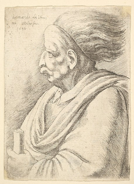 Man with caricatured features and hair streaming behind  in ha,  Poster Print Wall Art