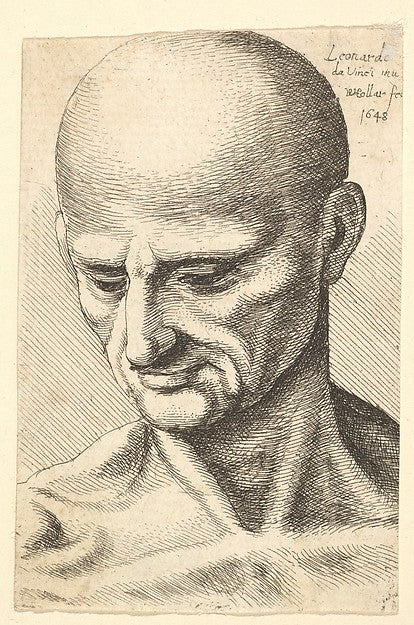 Head of a bald  sinewy man looking downwards 1648-After Leonar,  Poster Print Wall Art