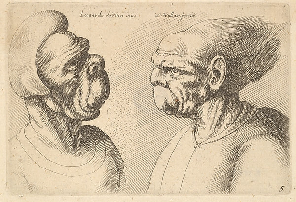 Two deformed heads facing inwards 1625–77-After Leonardo da Vi,  Poster Print Wall Art