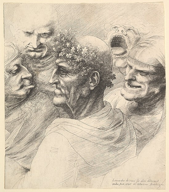 Five grotesque heads  including an elderly man with an oak lea,  Poster Print Wall Art