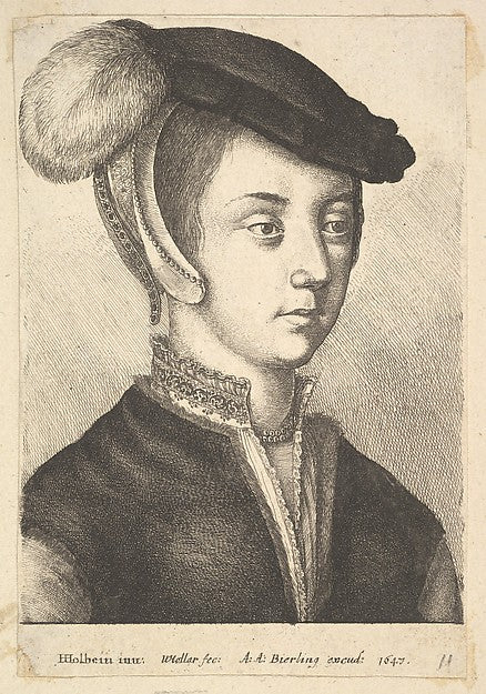 Young woman wearing a feathered cap 1647-After Hans Holbein th,16x12"(A3)Poster