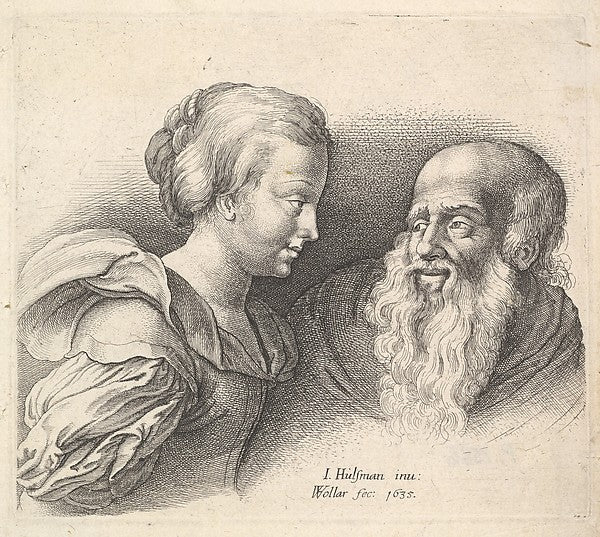 An Old Man and a Girl  after Hulsman 1635-Wenceslaus Hollar,  Poster Print Wall Art