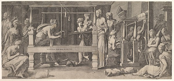 Women spinning  weaving and sewing mid-16th cent-Master FG, Af,16x12"(A3)Poster